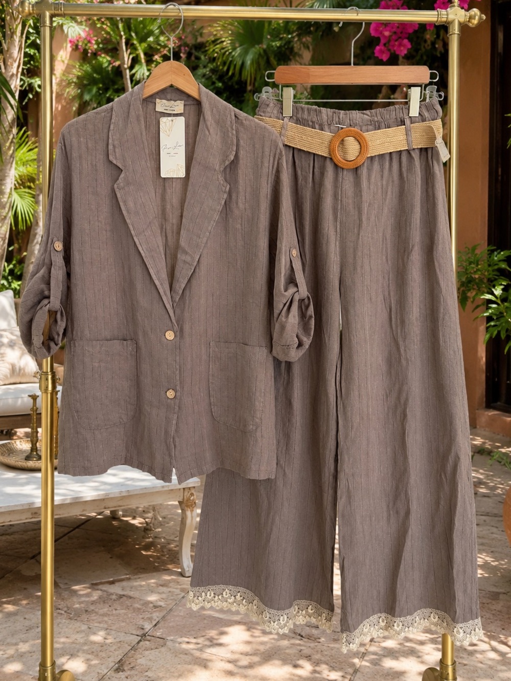 Italian 100% Linen Blazer & Wide Leg Trouser Pants with Belt OS